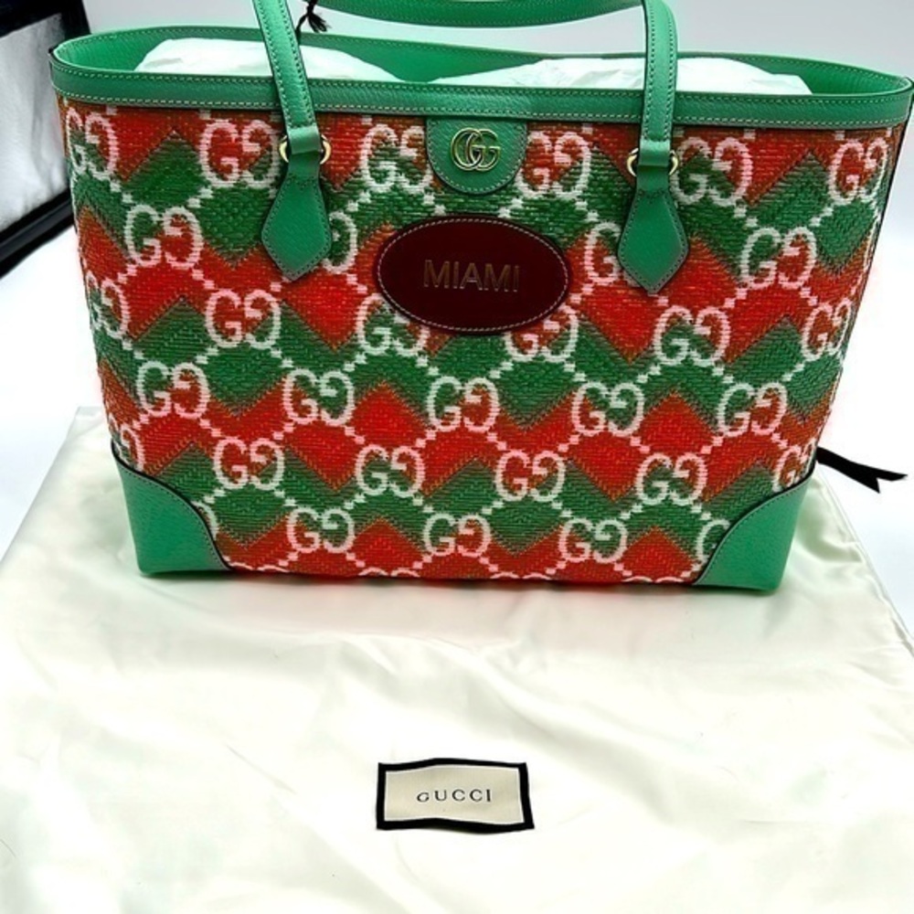 New authentic GUCCI Women's Orange 'miami' Straw Effect Tote Bag /duster no box